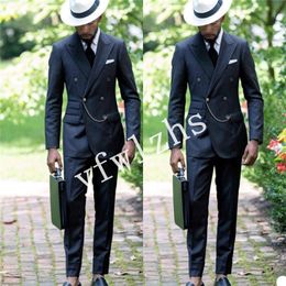 Handsome Double-Breasted Groomsmen Peak Lapel Groom Tuxedos Man's Suits Wedding/Prom/Dinner Man Blazer(Jacket+Pants+Tie) K519