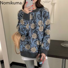 Nomikuma Autumn Winter Pull Femme Vintage Rose Hit Colour Women Sweater Causal Long Sleeve O-neck Knitted Pullovers 6C899 210427