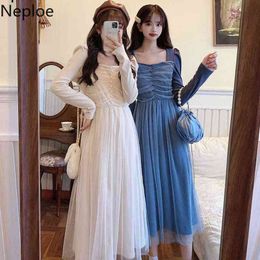 Neploe Long Sleeve Dresses Women Square Collar Pleated Woman Dress A-line Vestidos Korean Sweet Elegant Gauze Patchwork Robe 210422