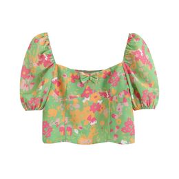Women Elegant Floral Print Bow Short Blouses Vintage Puff Sleeves Back Elastic Smocks Female Chic Shirts Tops 210520