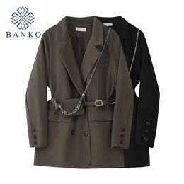 Autumn Winter Women Pocket Big Size Blazer Lapel Long Sleeve Loose Vintage Fit Jacket With Waist Bag Female Coats 211122