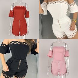 Womens Off Shoulder Tops Hollow Out Lace Shorts Suits Plus Size Short Sleeve Women's Sexy Set 2020 Summer Streetwear Two Pieces X0428