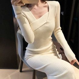 Vintage Knitted Dres Long Sleeve Sweater Elegant Party Female Spring Office Lady Slim Korean 210604