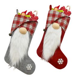 Gnome Christmas Stockings with Bell Plaid Cuff Fireplace Hanging Ornaments Holiday Party Home Decorations XBJK2110