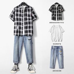 Men's Tracksuits Korean 3 Piece Set Mens Clothes Outfits Vintage Plaid Blouse+White Chemise Homme+Straight Leg Jeans Pants Men Plus Size