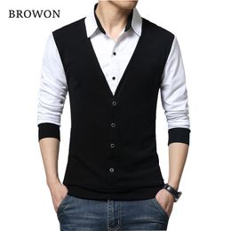 BROWON Brand Autumn Mens T Shirts Fashion Fake Two Designer Clothing Cool T-shirt Men Long Sleeve T Shirt Casual Male 210722