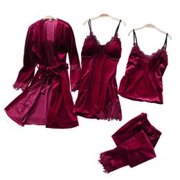 Gold Velvet 4 Pieces Warm Winter Pyjamas Sets With Pants Women Sexy Lace Pijama Sleepwear Sleeveless Nightwear Pyjama Q0706