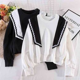 Early Autumn Hoodies College Casual Loose Shawl Stitching Fake Two-piece Sweatershirts Female Pullovers Niche Tops GX1121 210507