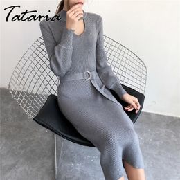 Tataria Knitted Sweater Dress Women Knit Long Sleeve es Autumn V Neck Black Elegant Slim Casual 210514