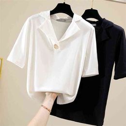 Korean Style Summer Women's Short Sleeves Turn Down Collar T-Shirt Ladies Casual Pullover Tee Tops A3277 210428