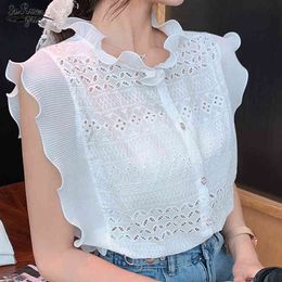 Summer Korean Elegant Ruffle Collar Slim Tops Hollow Sleeveless White Lace Shirts Female Plus Size Women Blouses 13918 210521