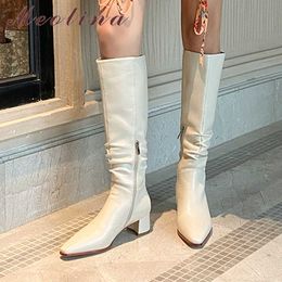 Meotina Med Heel Knee High Boots Woman Boots Pleated Chunky Heel Shoes Zip Pointed Toe Long Boots Ladies Autumn Beige Apricot 39 210608