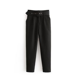 black suit pants woman high waist pants sashes pockets office pants fashion autumn middle aged women bottoms 210522