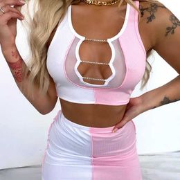 BOOFEENAA Sexy 2 Piece Sets Womens Outfits Hollow Out Rhinestones Mesh Patchwork Crop Top and Mini Skirt Matching Sets C82-CF22 Y0702