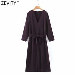 Women Vintage V Neck Solid Colour Bow Tied Sashes Split Midi Dress Office Ladies Business Casual Party Vestido DS5042 210420