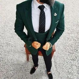 Hunter Green One Button Wedding Groom Tuxedos Peak Lapel Groomsmen Men Suits Prom Blazer