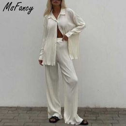 Msfancy Pant Suit White Long Sleeve Shirt Elastic Waist Wide Leg Pants Pyjamas Mujer 2 Piece Set Casual Outfit 210930