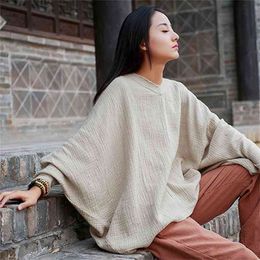 Spring Autumn Arts Style Women Batwing Sleeve O-neck Casual T-shirt Cotton Linen Loose Solid Tee Shirt Femme Tops M256 210512