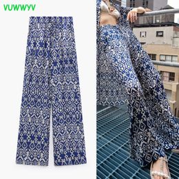 VUWWYV Za Women Wide Leg Pants Sets Blue Print High Waist Woman Pants Summer 2021 Vintage Streetwear Trousers Women Pants Suits Q0801