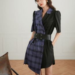 High-Waisted Stitching Short-Sleeved Suit Dress Contrasting Purple Black Plaid Short Female Loose Fashion Women 830A 210420