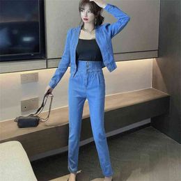Autumn Korean Casual Two Piece Set Women Crop Top Denim Jacket Coat + High Waist Jeans 2 Pants Suit Outfits 210514