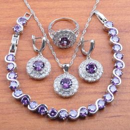 AAA+ Quality Jewellery Sets Women Costume Bridal Jewellery Purple Cubic Zirconia Earrings Necklace Ring Bracelets JS0271 H1022