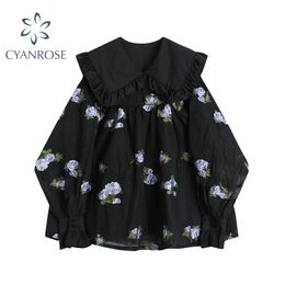 Black Vintage Floral Print Puff Sleeve Women Mini Dress Korean Peter Pan Collar Ladies High Waist Loose A-Line Dress Female 210417