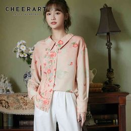 Peter Pan Collar Pink Floral Print Long Sleeve Top And Blouse Women Button Up Shirt Casual Korean Fall Clothes 210427