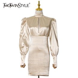 Sexy Slim Solid Dress For Female Stand Collar Lantern Long Sleeve High Waist Ruched Hollow Out Mini Dresses 210520
