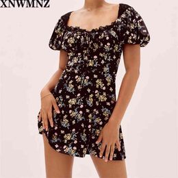 women Vintage A-line printed stretch satin dress puff sleeves button drawstring neckline back smocking mini chic 210520