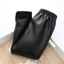 Kids Cold Winter Warm 2-12 Years Teenage Children Birthday Gift Baby Black Fleece Leather Leggings For Girls 210414