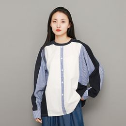Johnature Women Patchwork Pullover Shirts Korean Style Cotton Spring O-Neck Long Sleeve Tops Casual Women Cloths Loose 210521