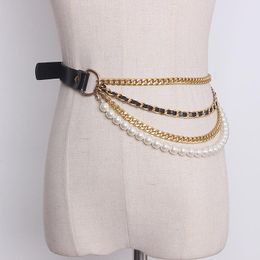 Belts Fashion For Women Chain Belt Autumn Winter 2021 Pearls Beading Split Leather Dress Coat Waistband