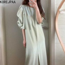 Korejpaa Women Dress Korean Fashion Chic Summer French Temperament O-neck Fold Design Loose Solid Colour Long Slit Vestido 210526