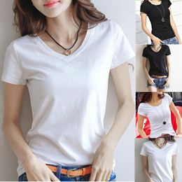 Spring Summer Women Cotton T Shirt T-shirt Black V-neck Short Sleeve Female Tee Slim White Casual Solid Lady Tops