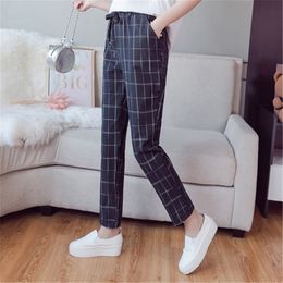 Plaid Harem Pants Trousers Spring Summer Loose Casual Drawstring Elastic Waist Ankle-Length drop 210514