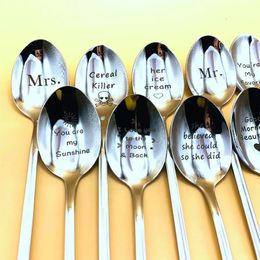 Party Favor Inspirational Quotes Stainless Steel Engraved Spoon Valentines Day Gift Tea Ice Cream Tableware Dessert Anniversary Gifts