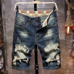 Summer Denim Shorts Retro Blue Men's Slim Fit Short Jeans Five-point Ripped Hole Casual Pants Male Brand Clothing