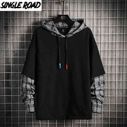 Single Road Mens Hoodies Men Paid Patchwork Sweatshirt Japanese Streetwear Harajuku Oversized Black Hoodie Men Sweatshirts 210720