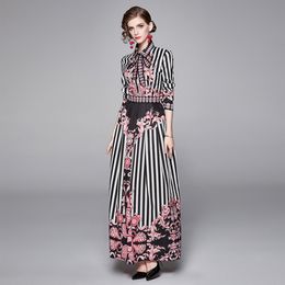 Women Stripe Pattern Print Long Sleeve High Waist Casual Dress Spring Shirt Party Long Maxi Dress Patchwork Ladies Dresses 210514