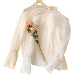 Women's Blouses & Shirts Lace Women Blouse Vintage Princess All Match See Through Sexy Flare Sleeved Pulls Fashion Female Lady White Outwear