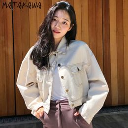 MATAKAWA Denim Short Jacket Women Autumn Korean Retro Bf Wind Loose and Thin Short Long-sleeved Thin Coat 210513