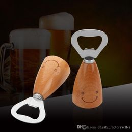 Smile Face Beer Bottle Opener Wooden Handle Bottle Opener Stainless Steel Openers Kitchen Gadgets Bar Tool DH9599