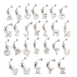 26 letter A to M style Charming Body Piercing Crystal Rhinestone Inlaid Navel Belly Button Ring stainless steel jewelry