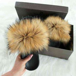 New Fluffy Faux Fur Slides Women Fur Slippers Furry Raccoon Sandals Fake Fox Fur Flip Flops Home Fuzzy Woman Casual Plush Shoes H1122
