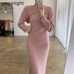 Elegant Women Knitted Maxi Bodycon Party Dress Long Sleeve Korean Dresses Office Lady Solid Vestidos with Short Shawl 210601