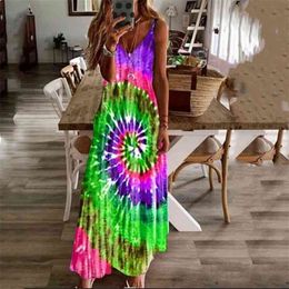 Women Dress Summer Vortex Print Suspender Maxi Plus Size Female Sexy V Neck Sleeveless Long es Vestidos Robe 210517