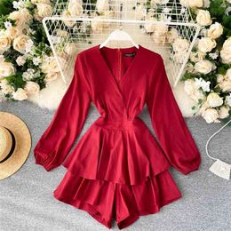 Women's Retro Solid Colour Temperament V-neck Long-Sleeved Waist Hugging Slimming Double Layer Ruffles Cake Jumpsuit Woman 210507