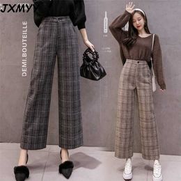 Autumn Winter Woollen Plaid Pants Women Elastic High Waist Ankle-length Pant Plus Size Harajuku Wide Leg Trousers Goth 211115