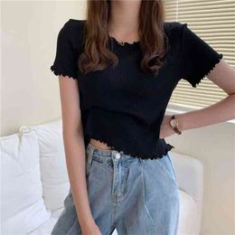 Summer Ruched Ruffle Women Sweater High Elastic Fashion Short Sleeve Woman Slim Sexy Knitted Pullovers Purple White 210507